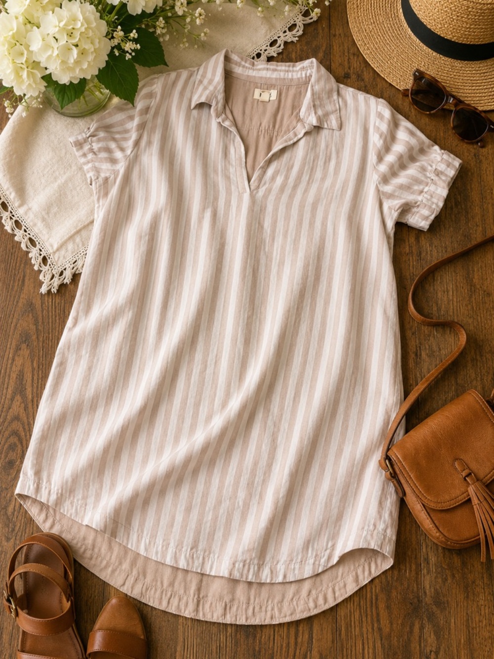 Pact Organic Cotton Shirt Dress Beige Pink Stripe Medium Relaxed Coastal Tunic - Picture 2 of 14
